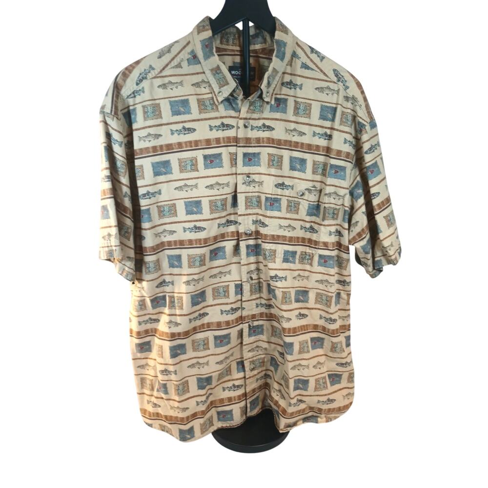 WOOLRICH Cream Fish Stripe Shortsleeve Button Down Shirt Men's XL
